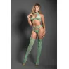 Sheer Lace Knit Halter Top with G-String and Gartered Stockings 3-Piece Set