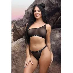One Shoulder Mesh Bralette and Panty Set with Rhinestone Lettering