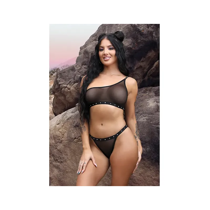 One Shoulder Mesh Bralette and Panty Set with Rhinestone Lettering