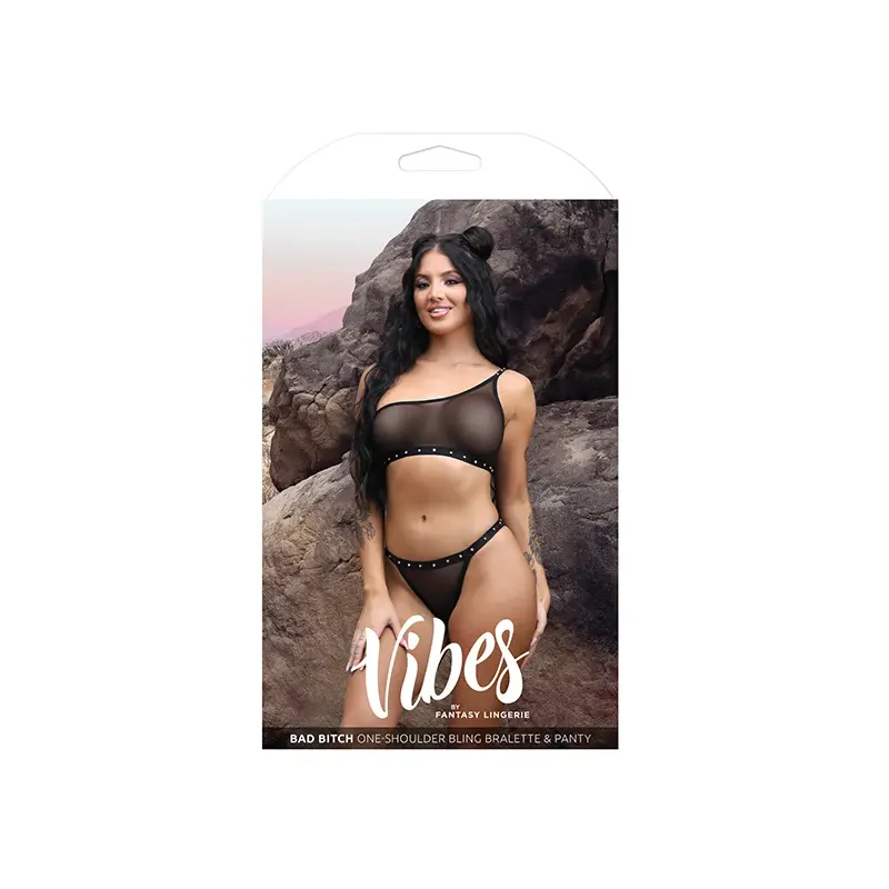One Shoulder Mesh Bralette and Panty Set with Rhinestone Lettering