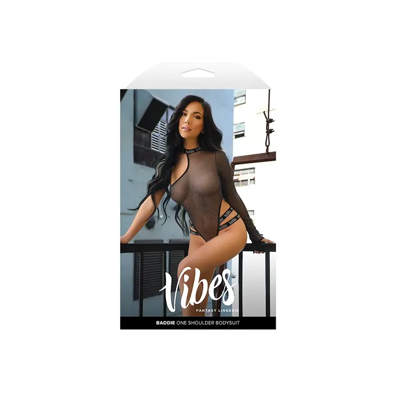 Glitter Mesh One-Shoulder Bodysuit with Silver Metallic Baddie Elastic