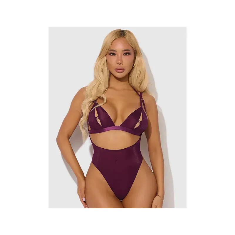 Shimmer Mesh Backless Teddy and Bralette Set with Rhinestone O-Ring Details