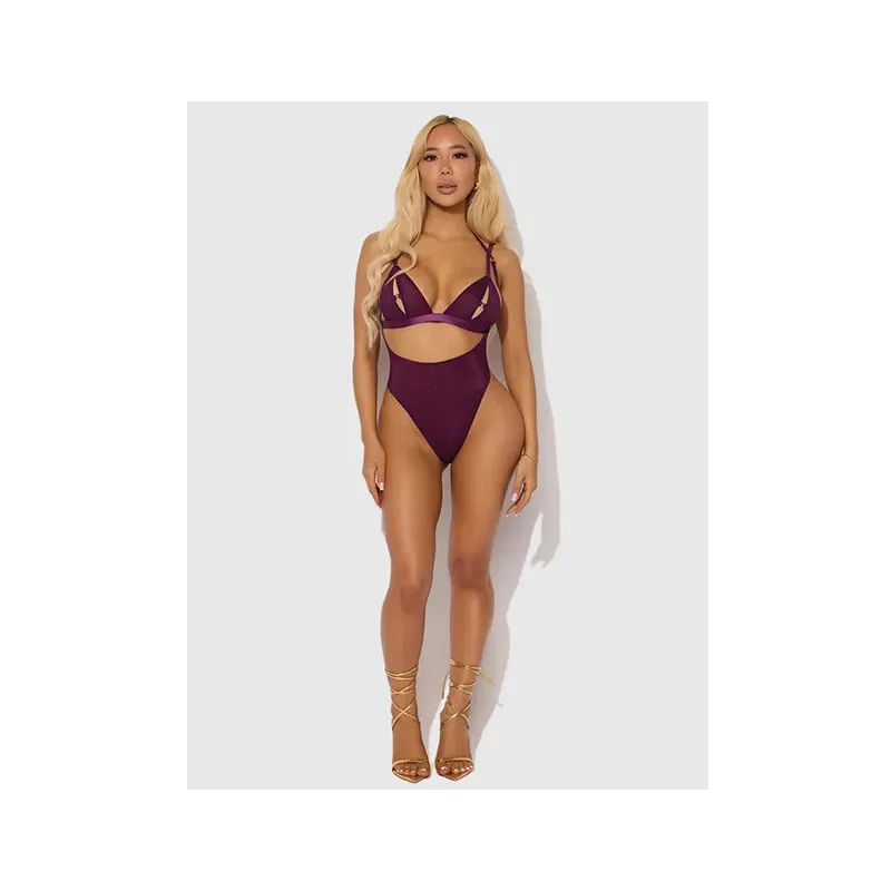 Shimmer Mesh Backless Teddy and Bralette Set with Rhinestone O-Ring Details