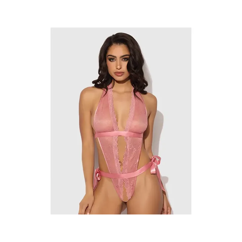Lace and Satin Drop-Off Teddy with Deep Plunge Neckline