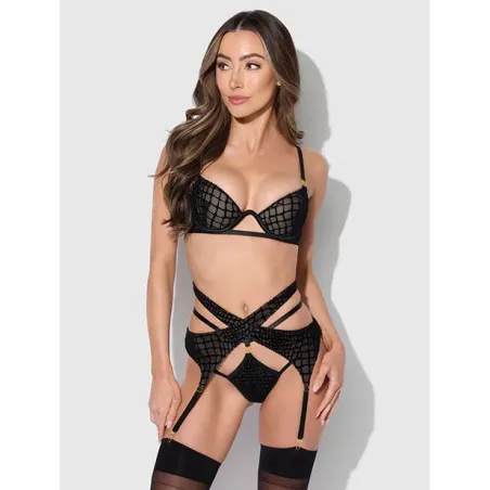 Snake Print Velvet Burnout Mesh Bra, Garter and Backless Hipster Set