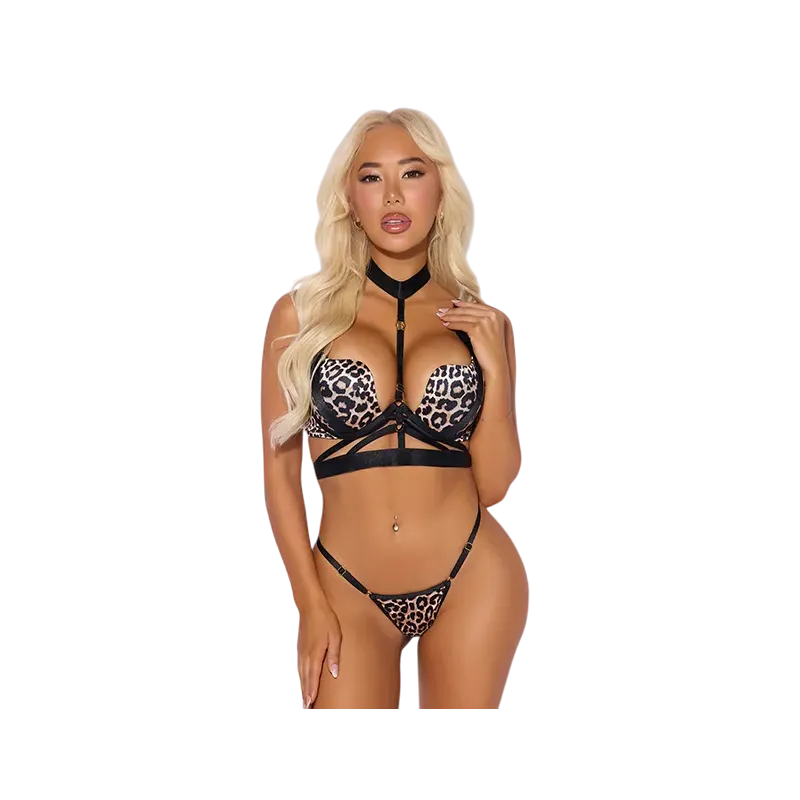 Leopard Open Cup Bra Harness and G-String 3-Piece Set | LunaVixen