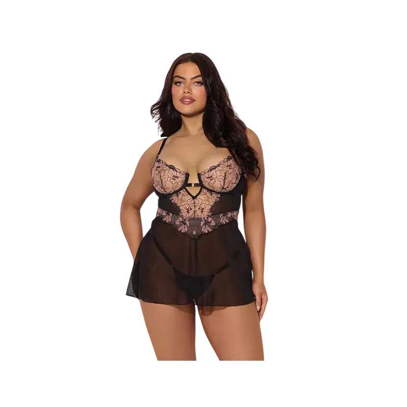 Nova Blacklight Lace Babydoll with G-String Set