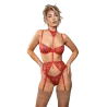 Ruby Shimmer Lace and Mesh Bra, Garter Belt and G-String 3-Piece Set