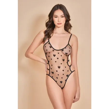 Burnout Heart Mesh Velvet Trim Teddy with Open Back