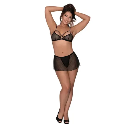 Polka Dot Mesh Bralette and Ruffle Skirt G-String Set