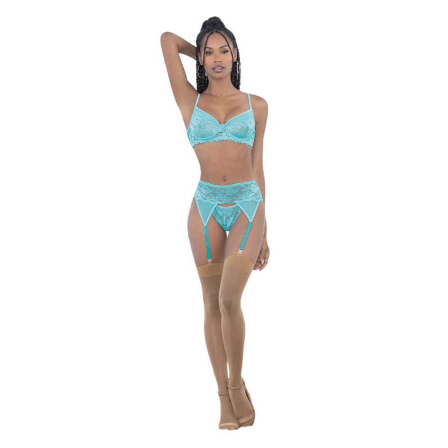 Lace & Mesh Underwire Bra, Garterbelt & G-String Malibu Blue