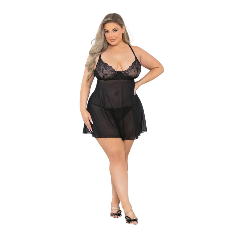 Raised Embroidery Lace Babydoll Black