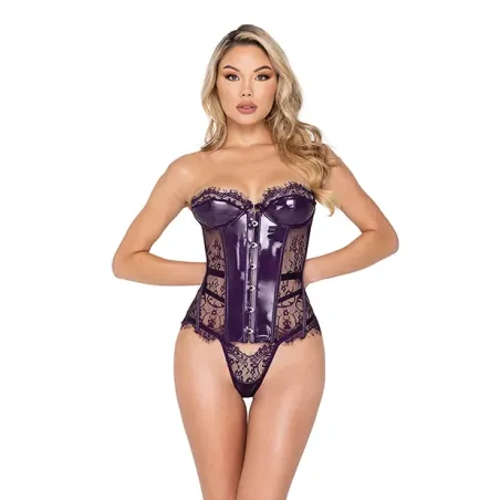 Sugar Plum Scalloped Eyelash Lace and Faux Patent Leather Bustier Set with Steel Boning