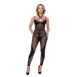 Fishnet and Faux Patent Leather Catsuit with Satin Trim