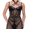 Fishnet and Faux Patent Leather Catsuit with Satin Trim