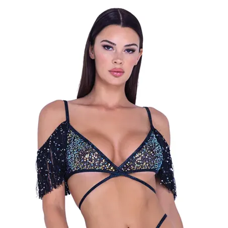 Sequin Fishnet Top with Fringe Detail