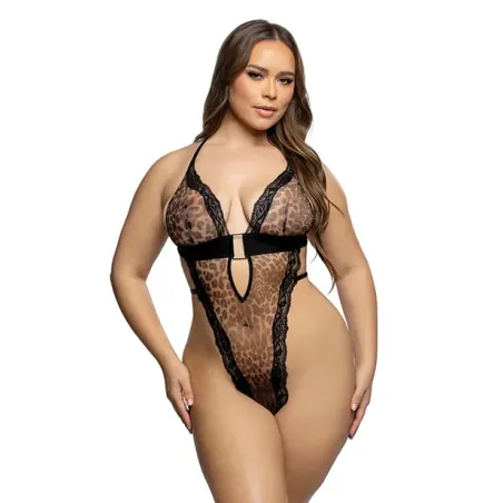 Leopard Mesh Teddy with Floral Lace Trim