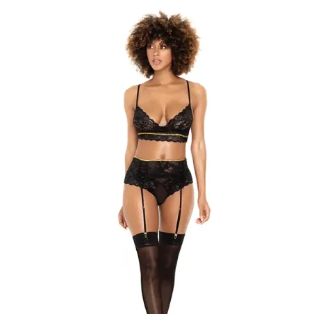 Lace Underwire Bra, Thong and Garter Belt Three-Piece Set with Lace-Up Detail