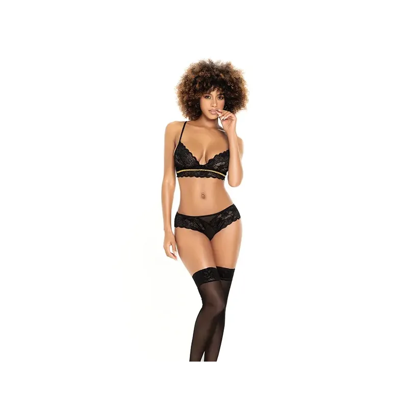 Lace Underwire Bra, Thong and Garter Belt Three-Piece Set with Lace-Up Detail