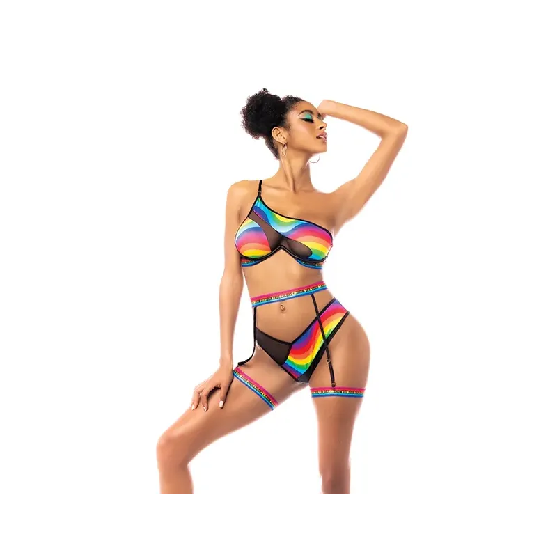 Pride Rainbow One-Shoulder Top, Garter Belt and Panty Set