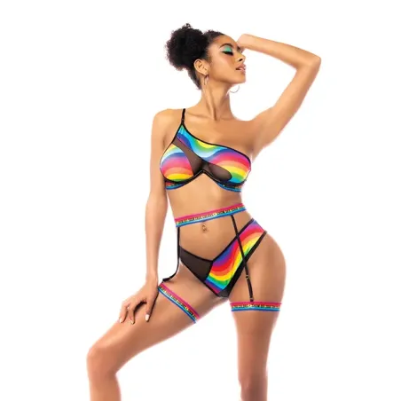 Pride Rainbow One-Shoulder Top, Garter Belt and Panty Set