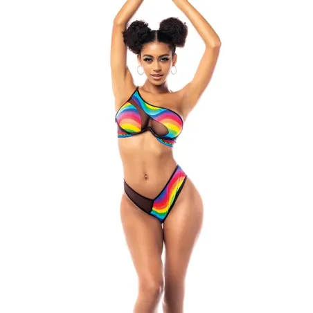 Pride Rainbow One-Shoulder Top, Garter Belt and Panty Set