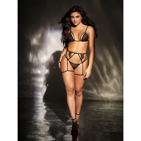 Sheer Mesh Three-Piece Set with Floral Garter Belt and Thong