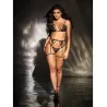 Sheer Mesh Three-Piece Set with Floral Garter Belt and Thong