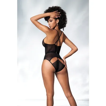 Mesh Cut-Out Bodysuit with Geometric Lace and Adjustable Straps