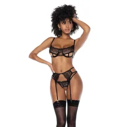 Eyelash Lace Underwire Bra, Crotchless Thong and Garter Belt Set