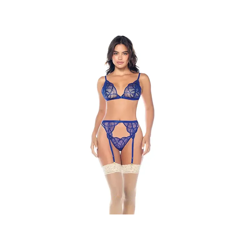 Embroidered Lace Bralette Garter Set with G-String