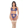 Embroidered Lace Bralette Garter Set with G-String