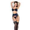 Floral Velvet Mesh Underwire Top, G-String and Garter Belt Set