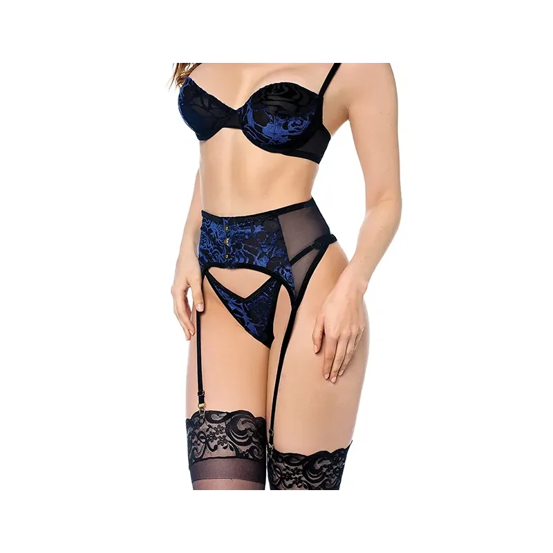 Floral Velvet Mesh Underwire Top, G-String and Garter Belt Set