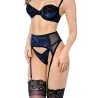 Floral Velvet Mesh Underwire Top, G-String and Garter Belt Set