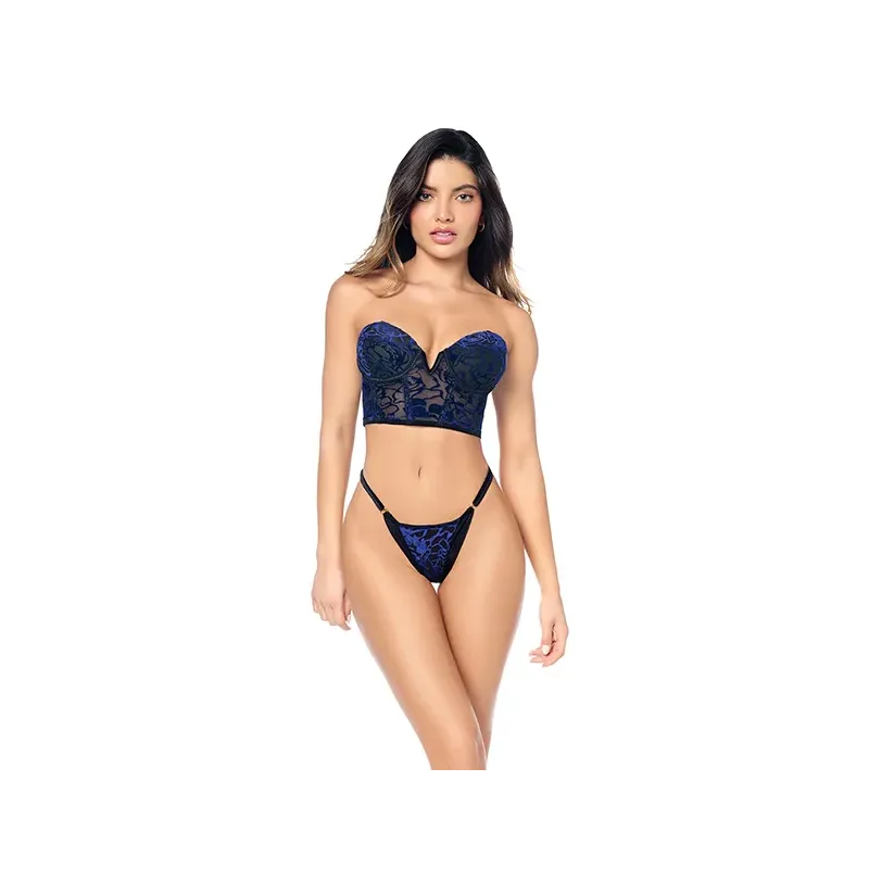 Floral Velvet Underwire Bustier with Lace-Up Back and Adjustable Panty Set