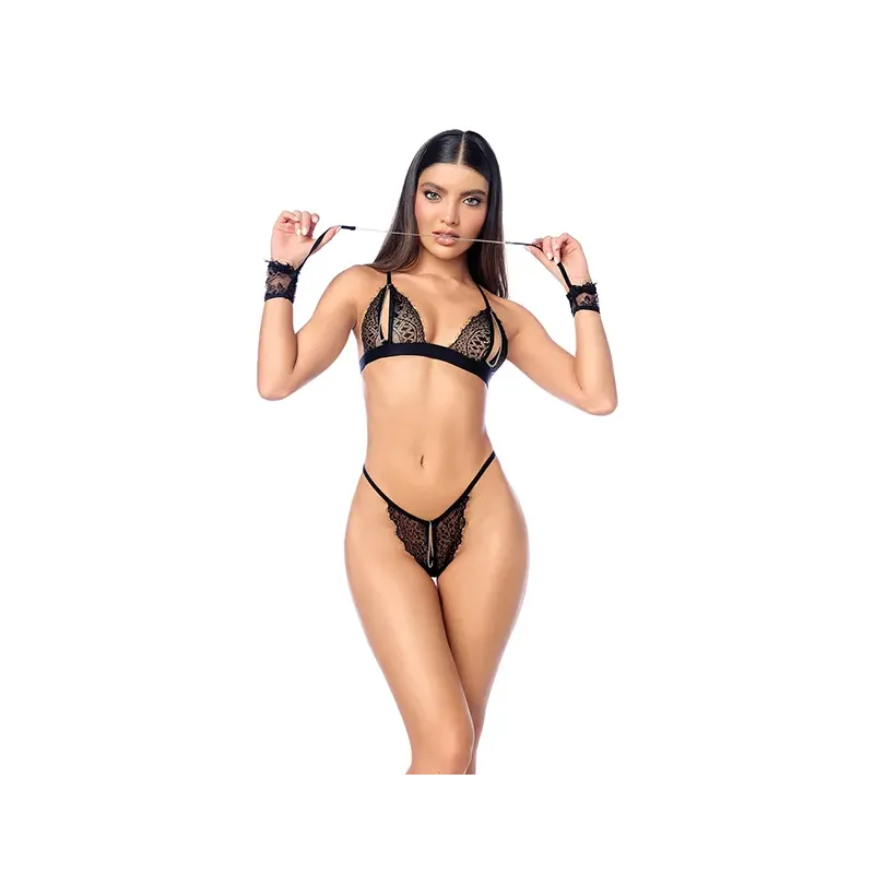 Peek-A-Boo Lace Bra and G-String Set with Eye Mask and Cuffs