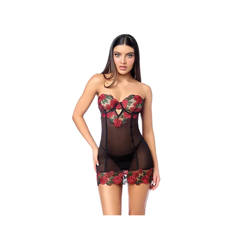 Floral Embroidered Underwire Babydoll with Lace-Up Back and G-String