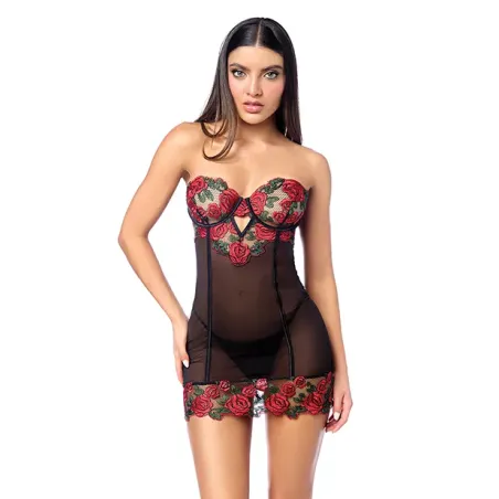 Floral Embroidered Underwire Babydoll with Lace-Up Back and G-String