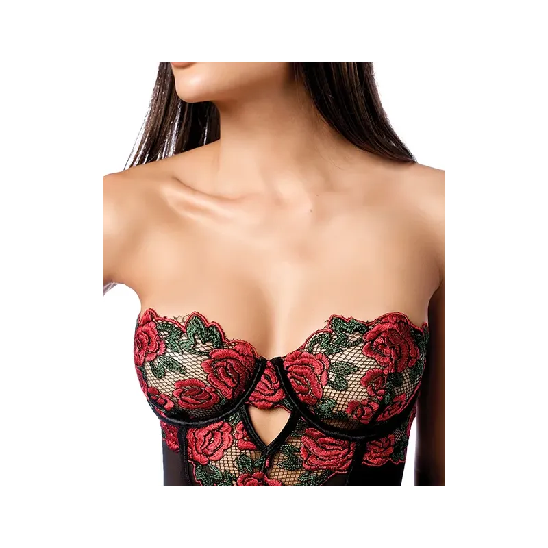 Floral Embroidered Underwire Babydoll with Lace-Up Back and G-String