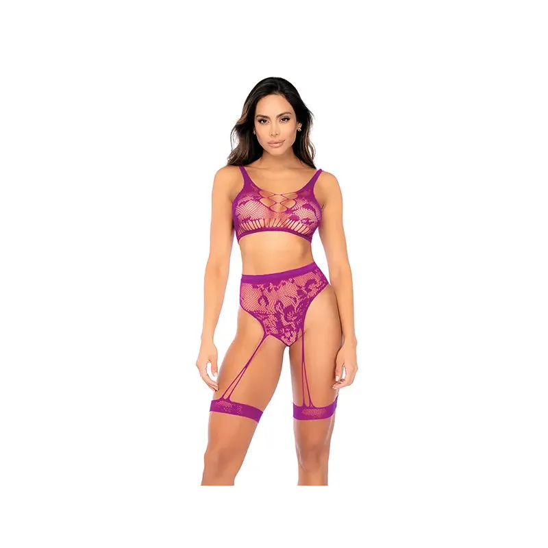 Floral Fishnet Bralette and High-Waist Garter Panty Set