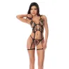 Sheer Mesh Embroidered Bustier with Garter Straps and Thong