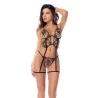 Sheer Mesh Embroidered Bustier with Garter Straps and Thong