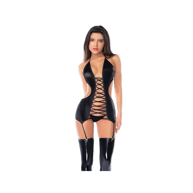 Wet Look Lace-Up Mini Dress with Garter Straps