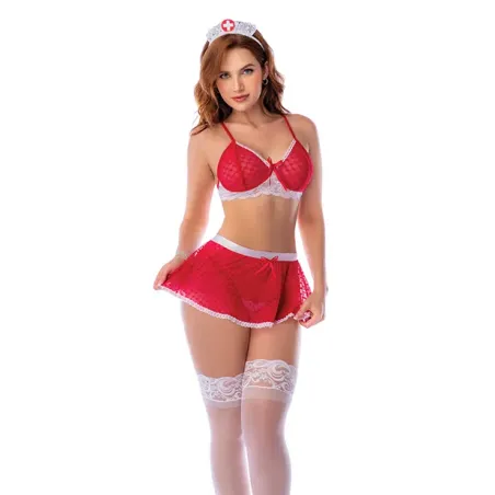 Nurse Bralette, Mini Skirt, Thong and Headpiece Set