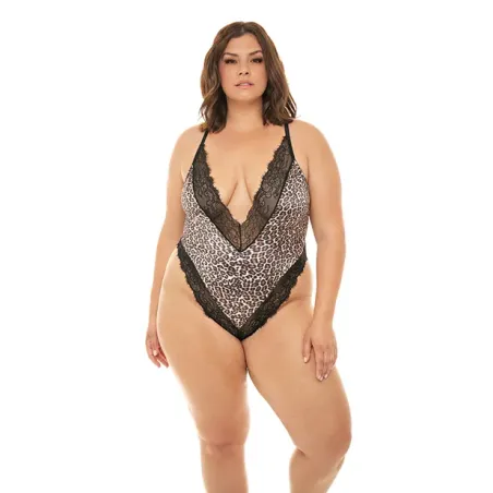Jolene Leopard Print Satin Teddy with Lace Trim