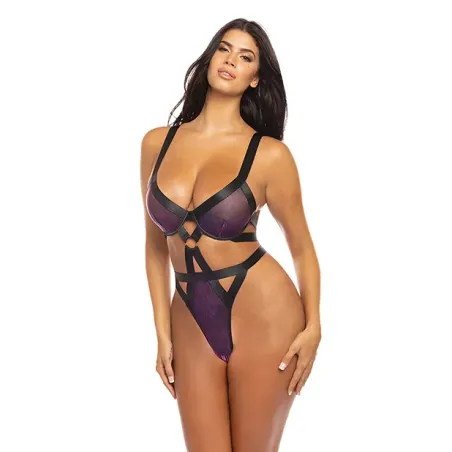 Underwire High-Leg Teddy with Iridescent Mesh and Ring Details