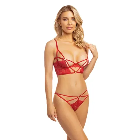 Strappy Lace Longline Cage Bra and Panty Set with Heart Ring Detail