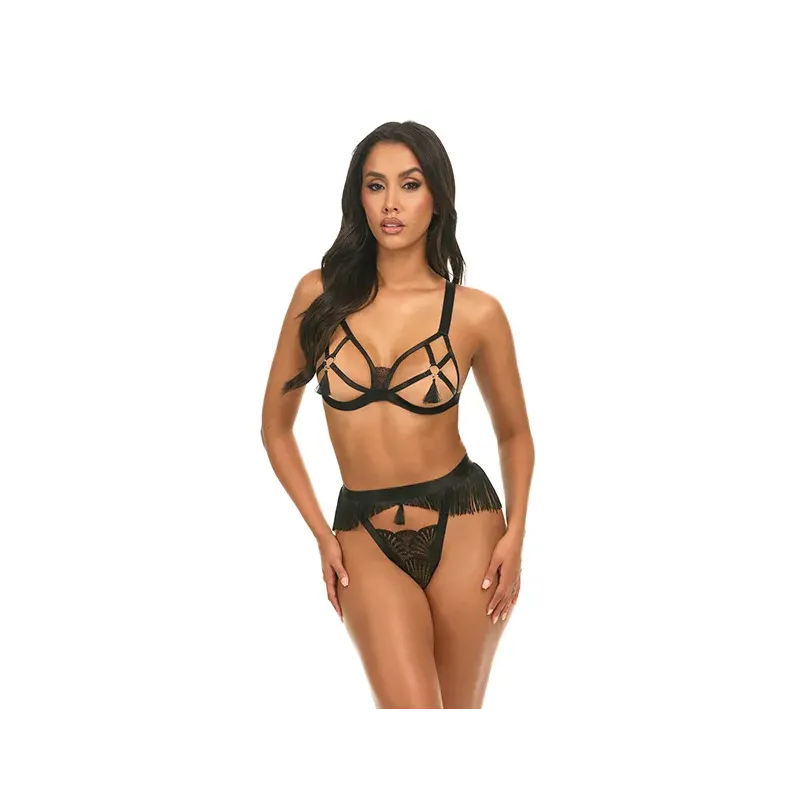 Annika Open Cup Cage Bra Set with Fringe and Tassel Detail