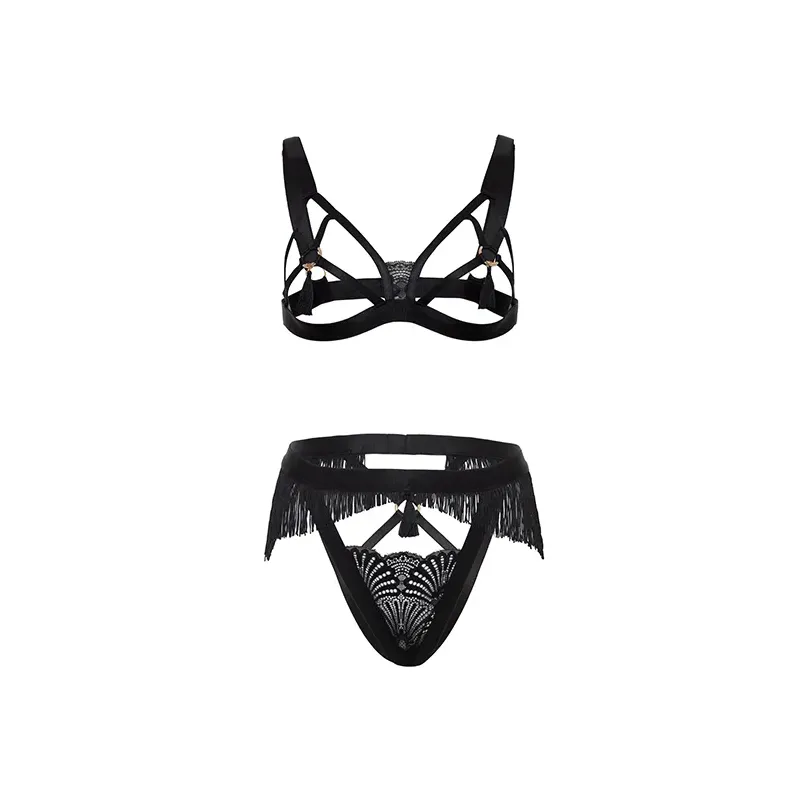 Annika Open Cup Cage Bra Set with Fringe and Tassel Detail